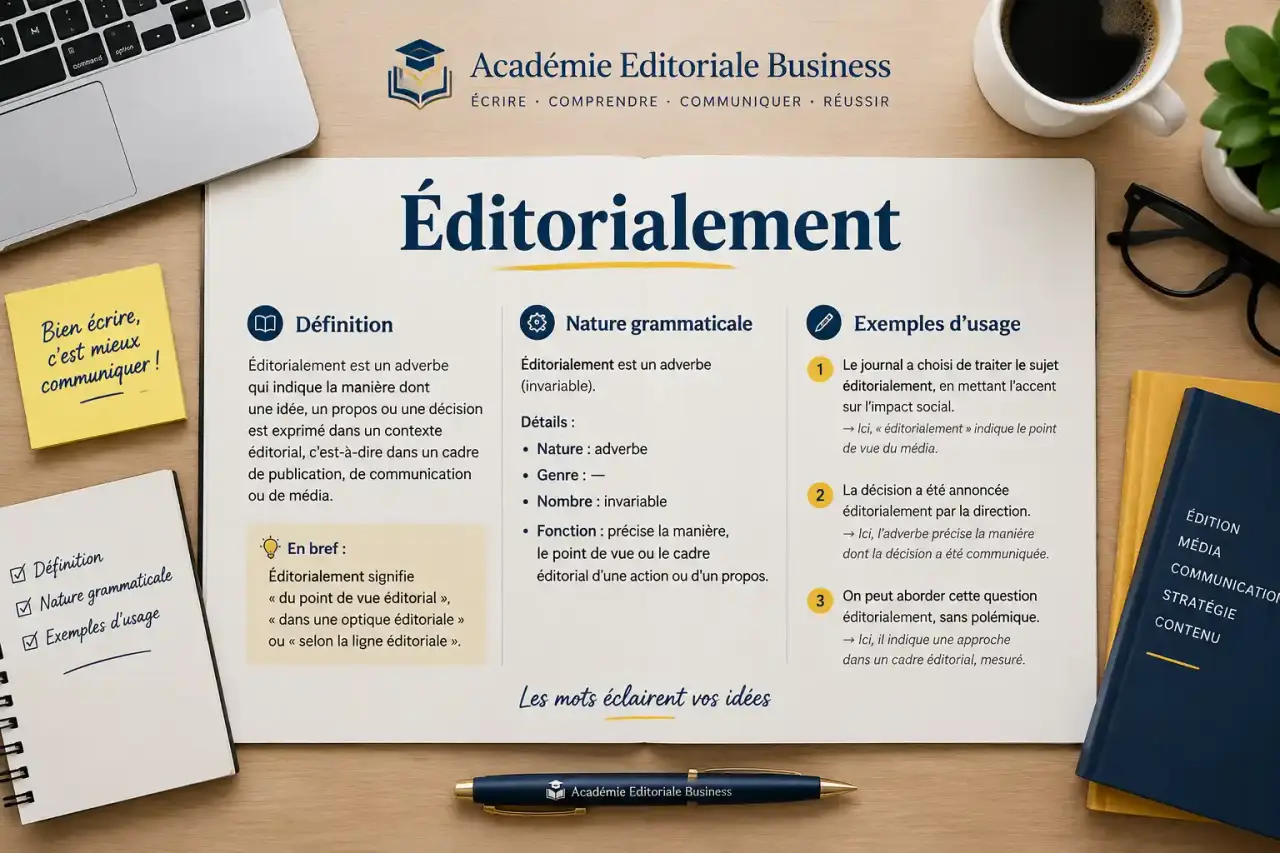 Éditorialement : définition, nature grammaticale et exemples d’usage