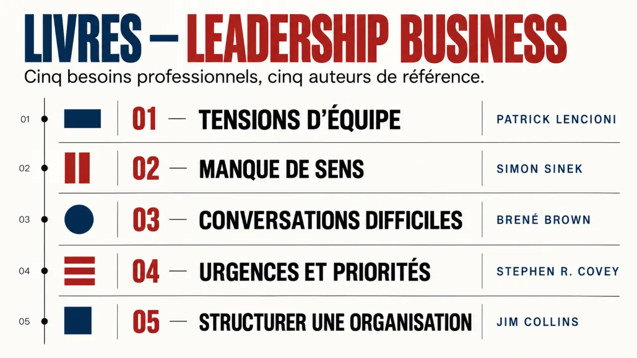 Infographie sur les livres de leadership business à choisir selon son problème de management