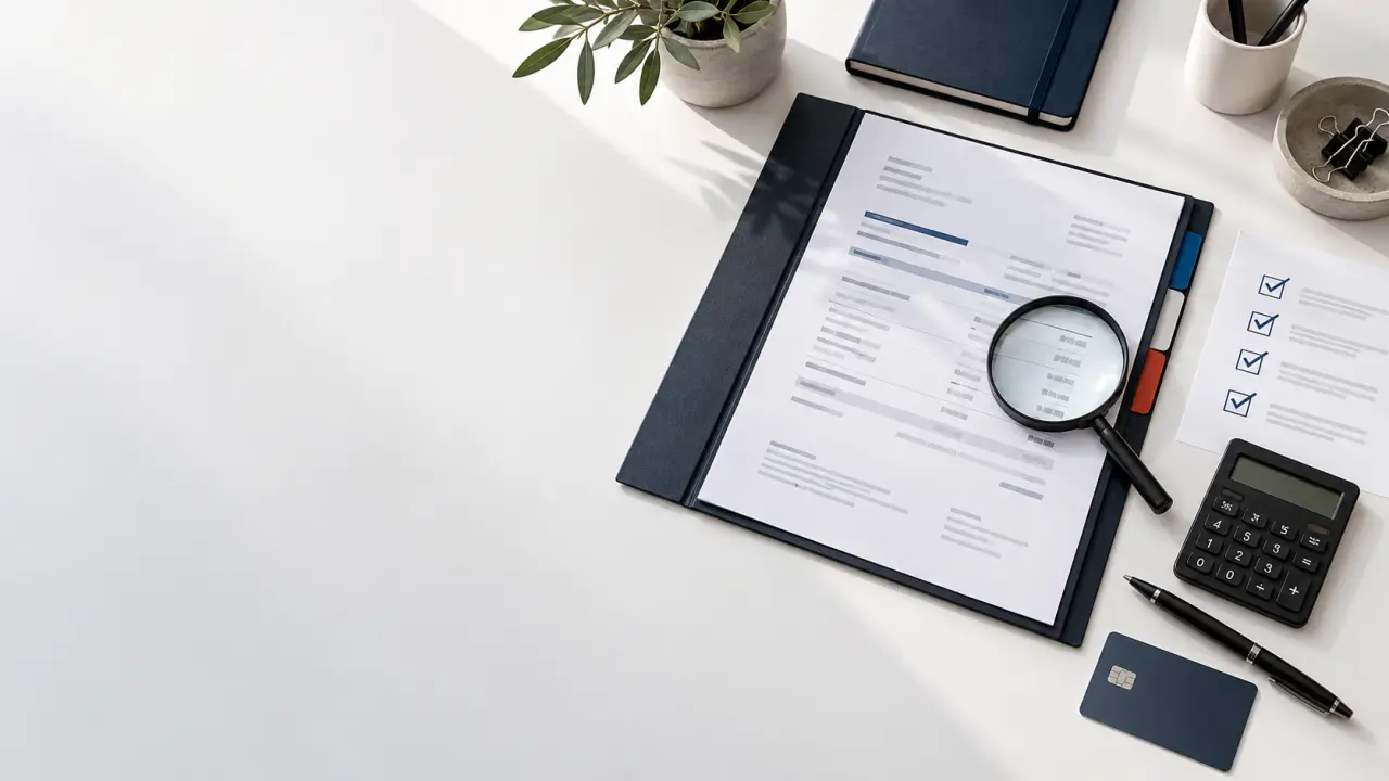 Bureau minimaliste présentant une checklist de contrats SaaS et des données financières