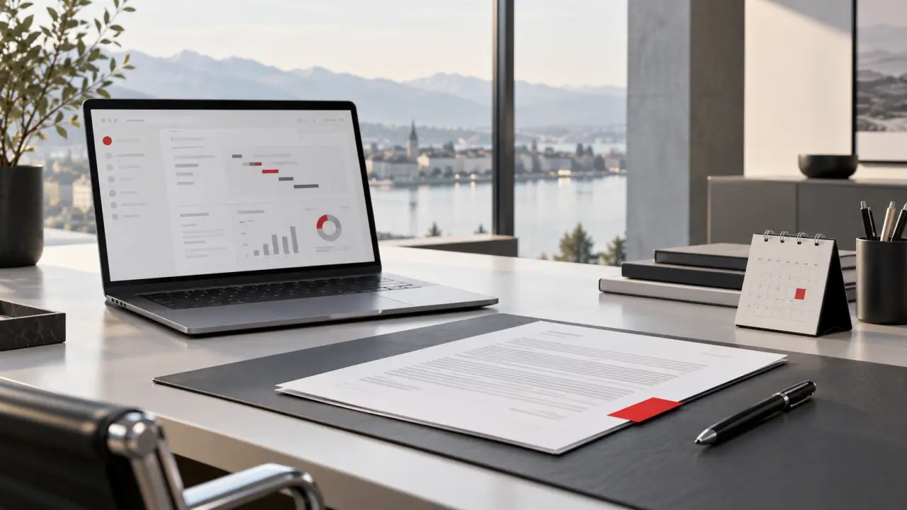 Vue objective d'un tableau de pilotage de contrats SaaS sur un bureau minimaliste