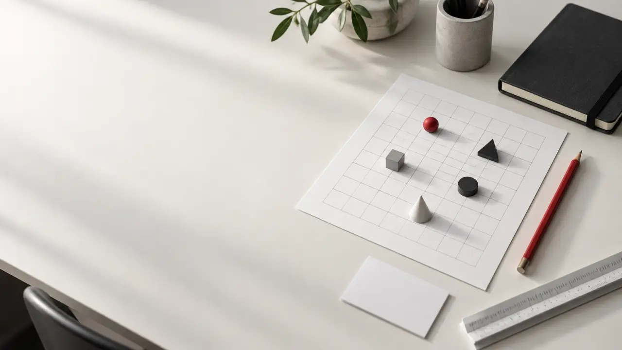 Espace de travail minimaliste organisé selon une grille, illustrant la clarté stratégique