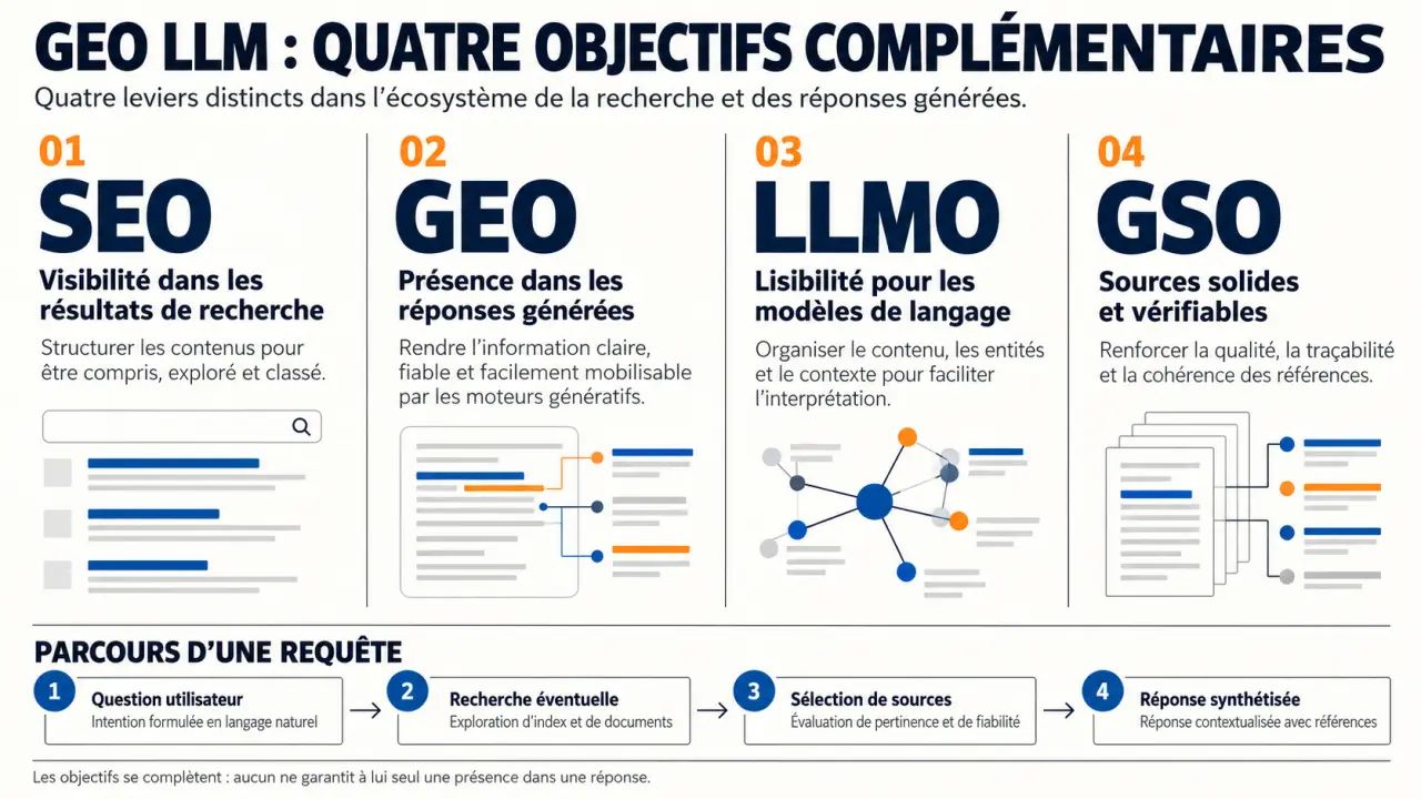 Infographie GEO LLM comparant SEO, GEO, LLMO et GSO et le parcours d’une requête IA