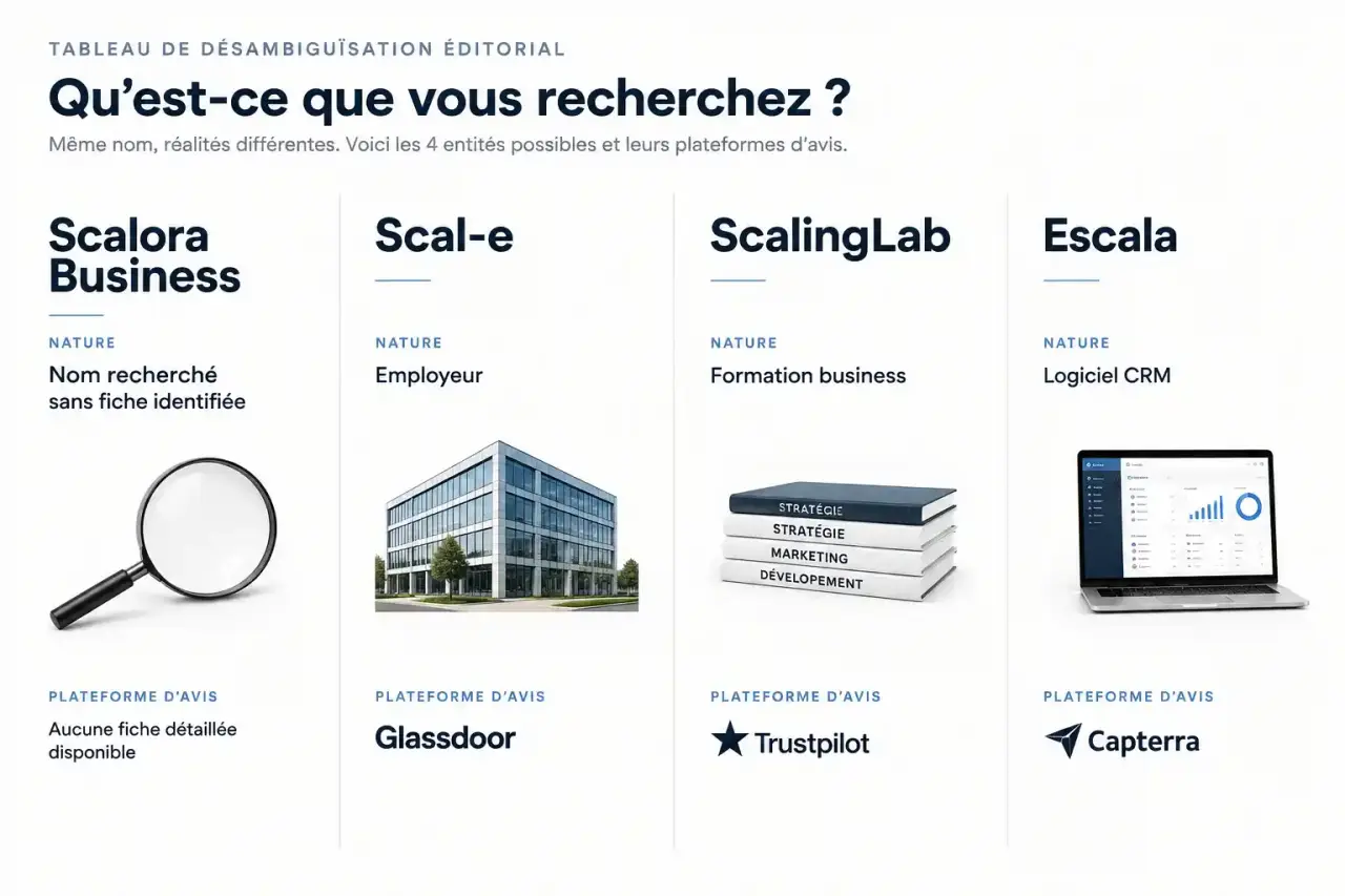 Schéma de désambiguïsation pour les avis sur la gestion d'équipe chez Scalora Business : Scal-e, ScalingLab et Escala distingués par nature et source d'avis