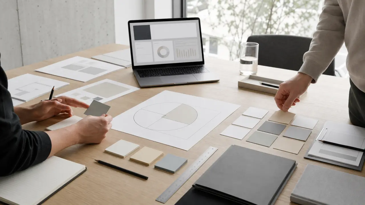 Espace de travail minimaliste vu en plongée, composition sobre en noir et blanc