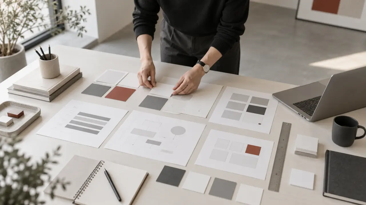 Bureau minimaliste organisé sur une grille pour analyser une offre B2B