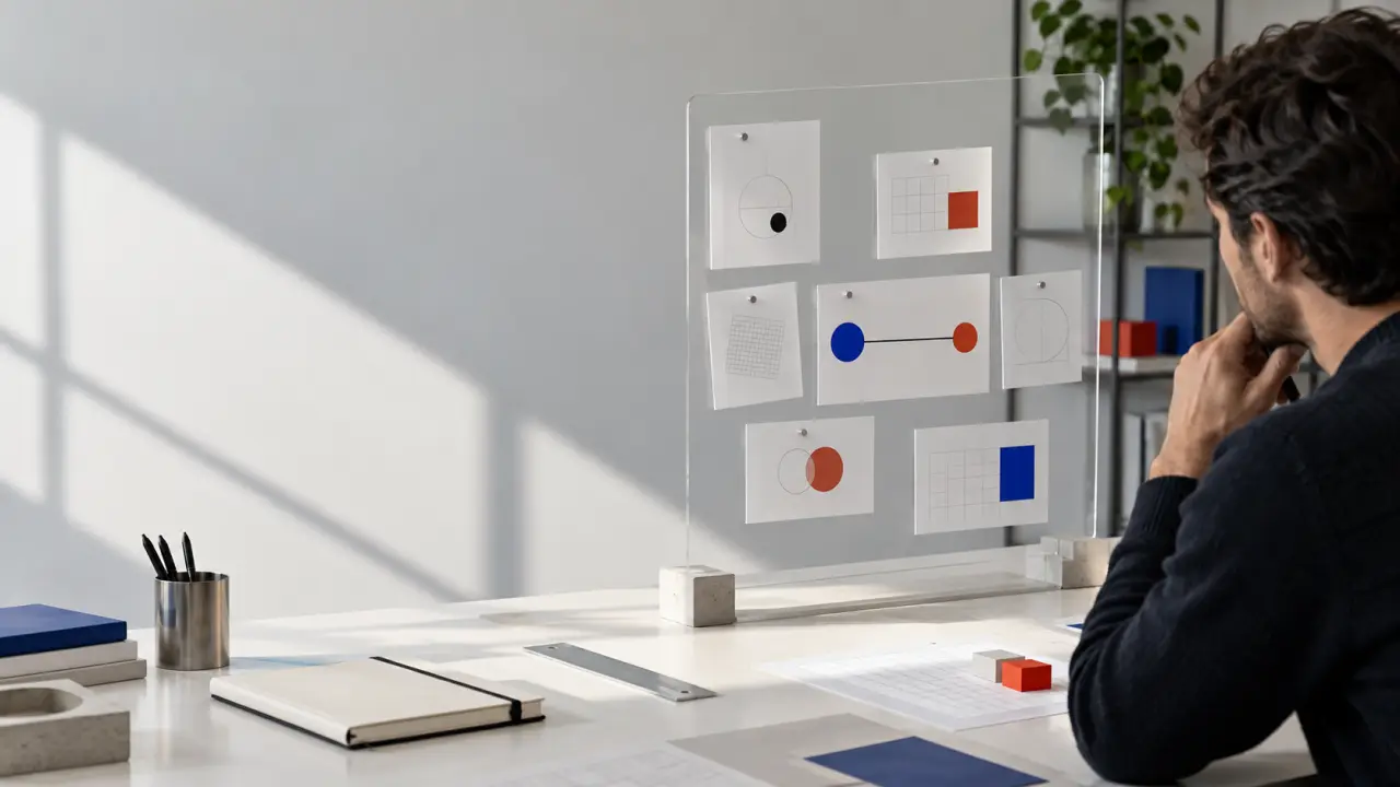 Espace de travail minimaliste organisé selon une grille, illustrant la clarté stratégique