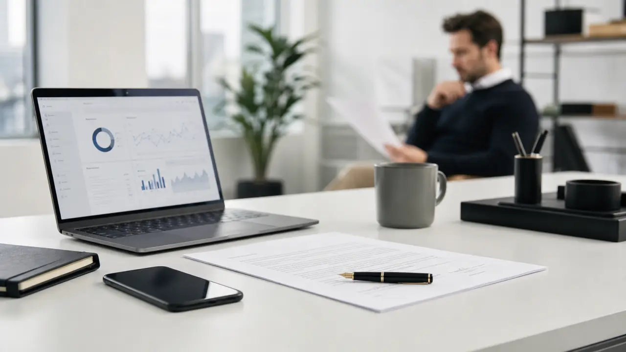 Espace de travail minimaliste en noir et blanc, objet alignés sur une grille invisible