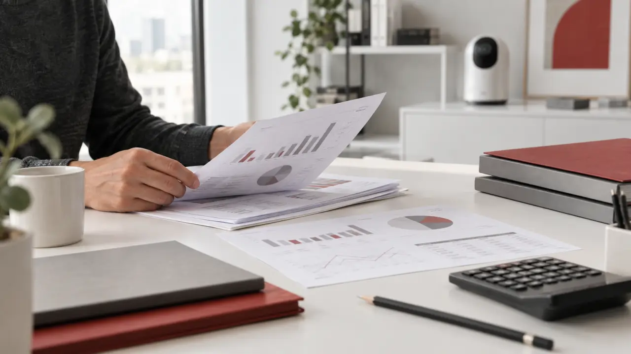 Espace de travail minimaliste organisé autour d'un budget et d'indicateurs de performance