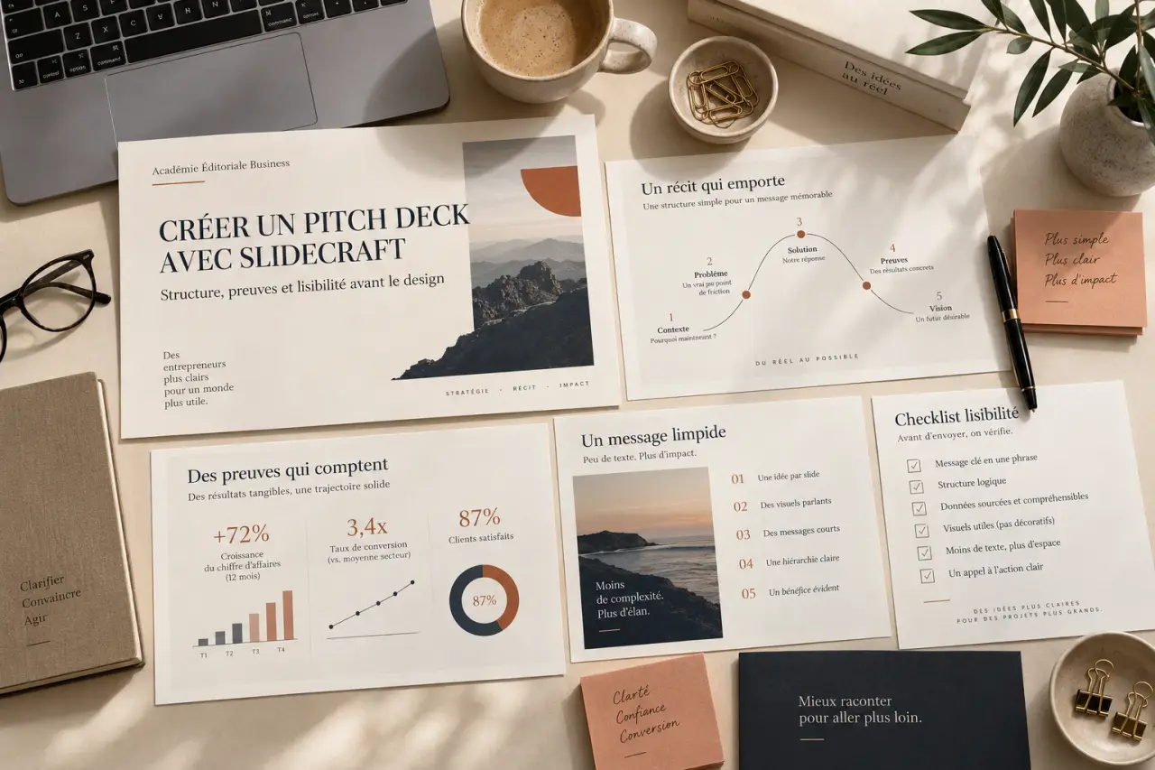 Créer un pitch deck avec Slidecraft : structure, preuves et lisibilité avant le design